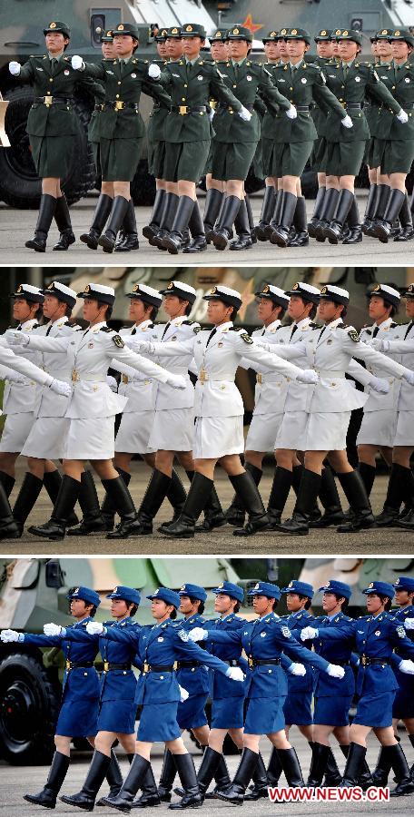 Combination photo taken on June 29, 2012 shows women soldiers of the Chinese People's Liberation Army (PLA) Garrison in the Hong Kong Special Administrative Region (HKSAR) at the Shek Kong barracks in Hong Kong, south China.