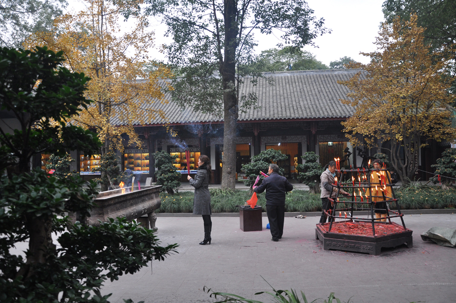 The Baoguang Temple is located in Xindu district 18 km north of Chengdu, China's Sichuan province. It was founded during the Tang Dynasty. The temples has a number of halls, including the Qing-era Arhat Hall, containing 500 two meter high clay figurines of Arhats. [China.org.cn /by Chen Xiangzhao]