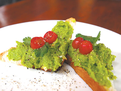 Broad bean dip on Melba toast is typical of seasonal offerings.
