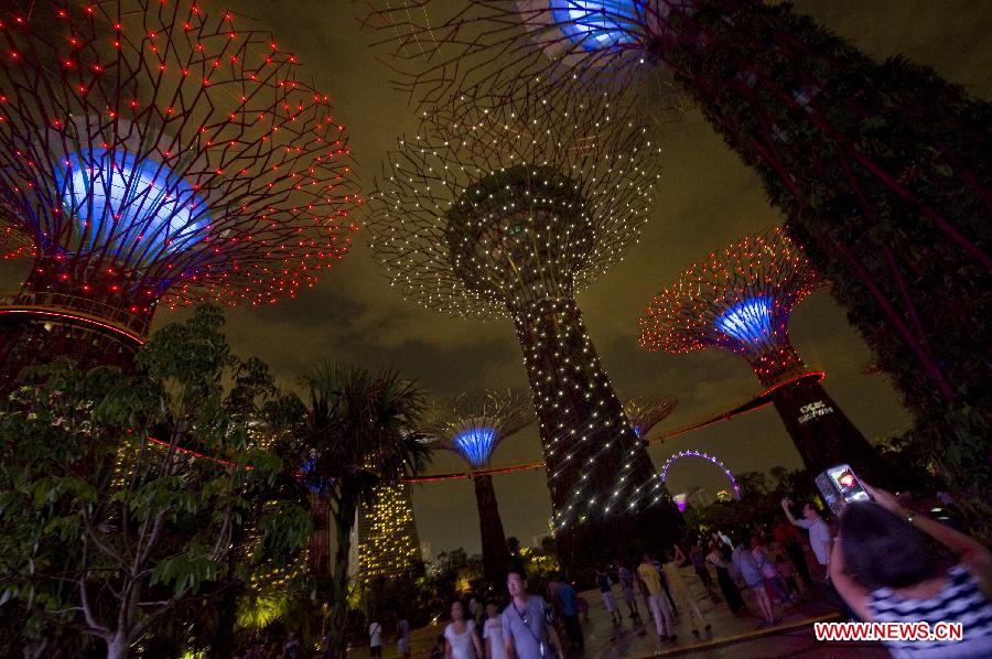 Singapore's Gardens by the Bay South for the first time presents the light and sound show at its Supertrees Grove in Singapore, on July 2, 2012. (Xinhua/Then Chih Wey) 