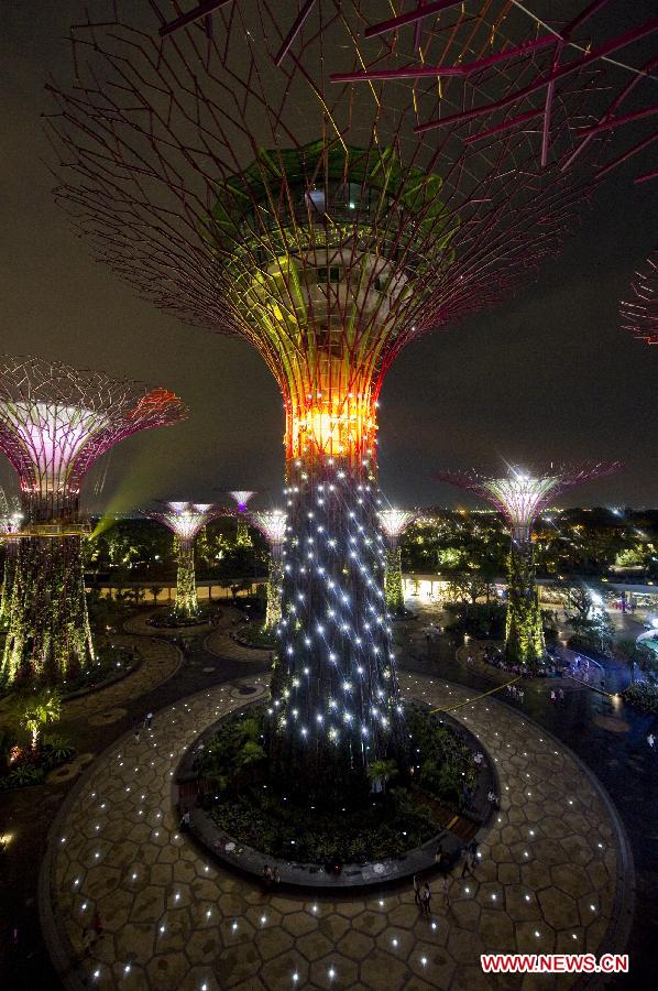 Singapore's Gardens by the Bay South for the first time presents the light and sound show at its Supertrees Grove in Singapore, on July 2, 2012. (Xinhua/Then Chih Wey) 