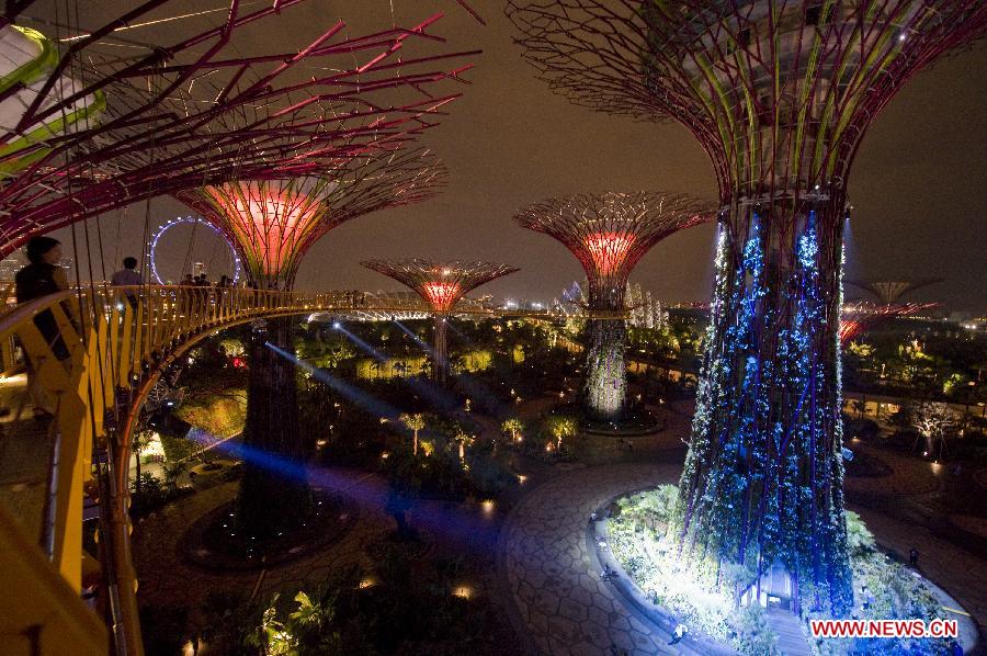 Singapore's Gardens by the Bay South for the first time presents the light and sound show at its Supertrees Grove in Singapore, on July 2, 2012. (Xinhua/Then Chih Wey) 