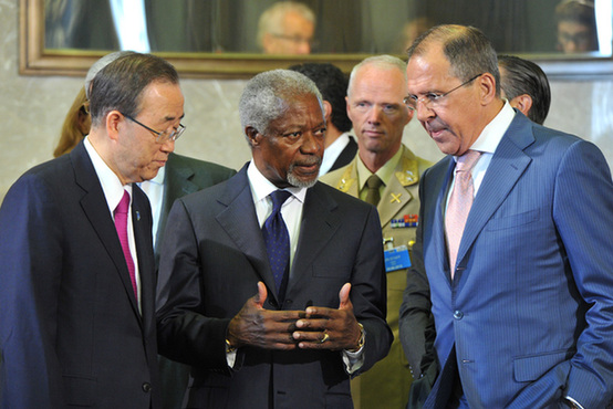 Left to right: Secretary-General Ban Ki-moon, Joint Special Envoy Kofi Annan, Major-General Robert Mood and Russian Foreign Minister Sergey Lavrov in Geneva. [UN Photo]