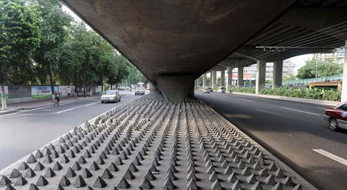 Thousands of cement pyramids have been placed beneath bridges in Guangzhou, south China's Guangdong Province, to prevent the homeless from sleeping there. [Photo/ sohu.com]