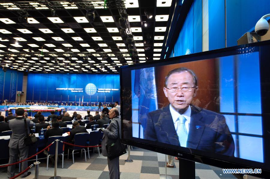 A video of United Nations Secretary-General Ban Ki-moon is played during the opening ceremony of the 2nd World Media Summit in Russian capital Moscow on July 5, 2012. 