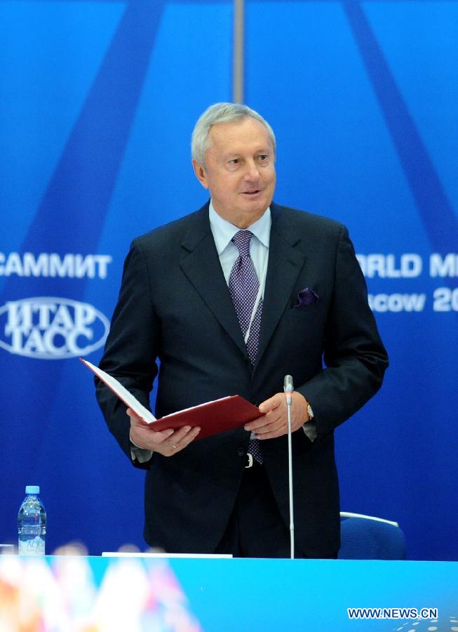 Vitaly Ignatenko, director general of ITAR-TASS News Agency, speaks during the opening ceremony of the 2nd World Media Summit in Russian capital Moscow on July 5, 2012.