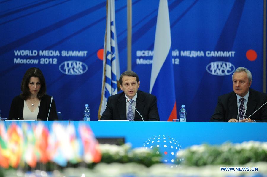 Chairman of Russia&apos;s State Duma Sergei Naryshkin (C) speaks during the opening ceremony of the 2nd World Media Summit in Russian capital Moscow on July 5, 2012. 