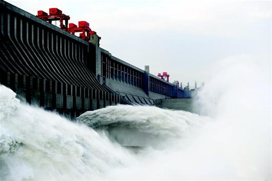 Sluice gates at Three Gorges Dam opened to discharge water