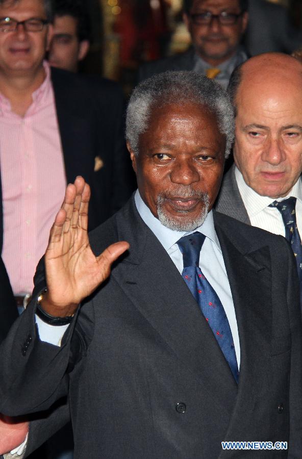 UN-Arab League joint special envoy Kofi Annan gestures upon his arrival in Damascus, Syria on July 8, 2012. 