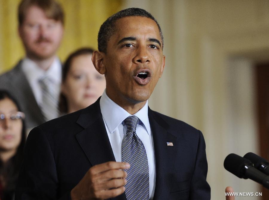 U.S. President Barack Obama delivers a speech on middle-class tax cuts at the White House in Washington D.C., capital of the United States, July 9, 2012. Obama called on Congress Monday to pass a one-year extension of the Bush-era tax cuts for Americans earning less than 250,000 a year, renewing tax debate and drawing battle lines with the Republicans. (Xinhua/Zhang Jun) 