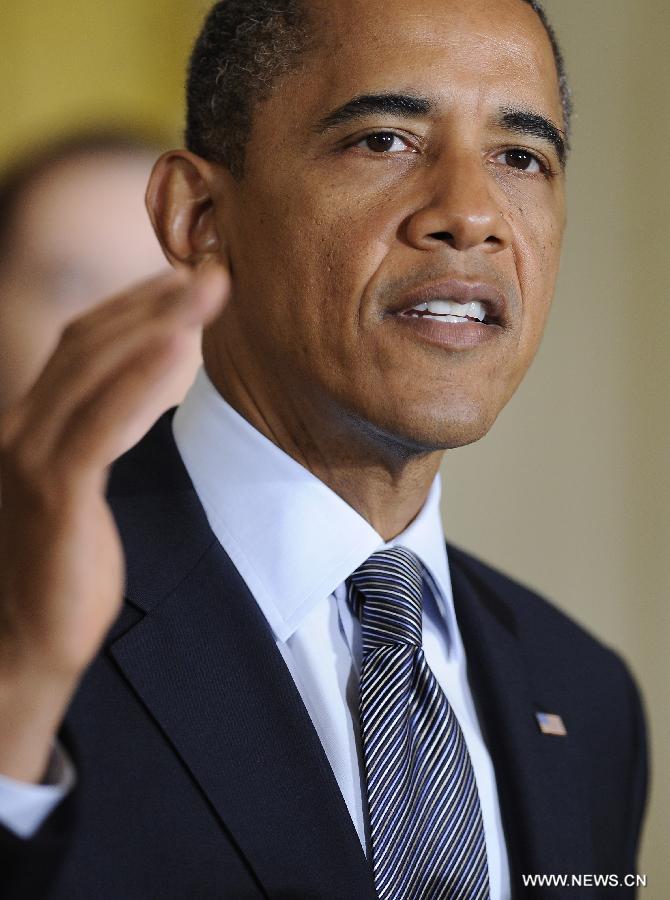 U.S. President Barack Obama delivers a speech on middle-class tax cuts at the White House in Washington D.C., capital of the United States, July 9, 2012. Obama called on Congress Monday to pass a one-year extension of the Bush-era tax cuts for Americans earning less than 250,000 a year, renewing tax debate and drawing battle lines with the Republicans. (Xinhua/Zhang Jun) 