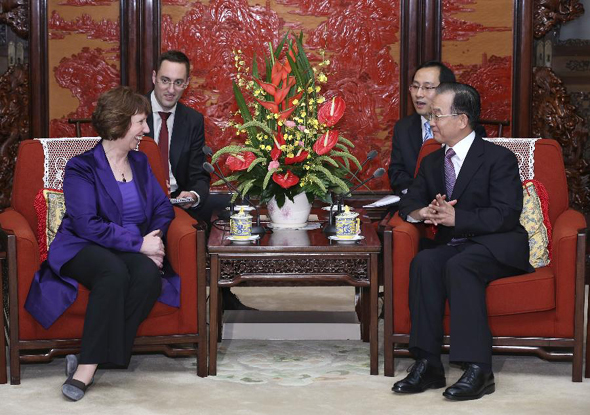 Chinese Premier Wen Jiabao (R) meets with Catherine Ashton, EU high representative for foreign affairs and the European Commission's vice president, in Beijing on July 10, 2012.