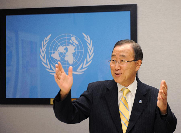 United Nations Secretary-General Ban Ki-moon speaks during an exclusive interview by the Xinhua News Agency at the UN headquarters in New York, July 11, 2012. Ban Ki-moon said that the United Nations enjoys 'strong support' from China in most of important agendas of the world body, which include peacekeeping, development, human rights and humanitarian assistance. [Shen Hong/Xinhua]