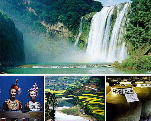 Above: Huangguoshu Waterfall. Below(from L to R): Ethnic groups, landscape, wine barrels in Guizhou province.