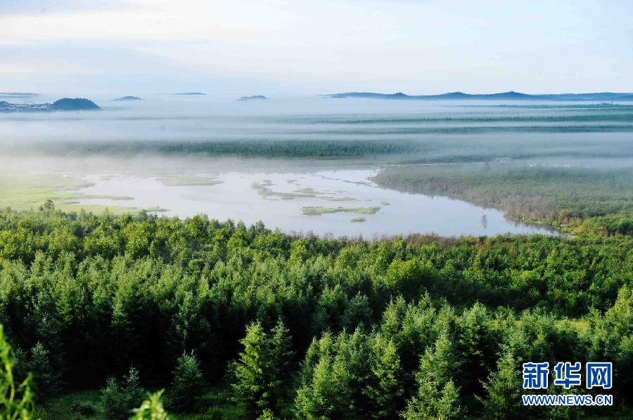 Photo taken on July 13, 2012 shows the scenery of Wuyiling wetlands enveloped in a morning fog in Yichun, northeast China's Heilongjiang Province. The Wuyiling Wetlands Natural Reserve has the highest wetlands in Lesser Khingan and the largest permafrost islets, containing a rich diversity of flora and fauna. [Xinhua]