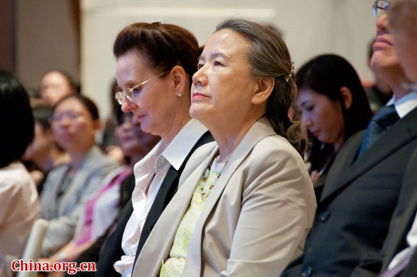 Mme. Yoo Soon-taek (middle), Ban Ki-moon&apos;s wife also attends the UN event in Beijing on Wednesday. [Chen Boyuan / China.org.cn]