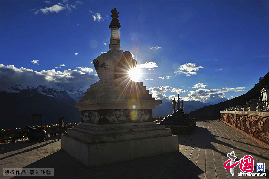 Meili Snow Mountain has long been famous for its main peak, Kang Karpo Peak, which, having an elevation of 6,470 meters (21,221 feet) above sea level, is the highest in Yunnan. Surrounded by 13 lesser peaks, which are the subject of an enchanting tale. Kang Karpo Peak, meaning White Snow Mountain in Tibetan language, is extolled as the 'most beautiful mountain in the world.' [China.org.cn]