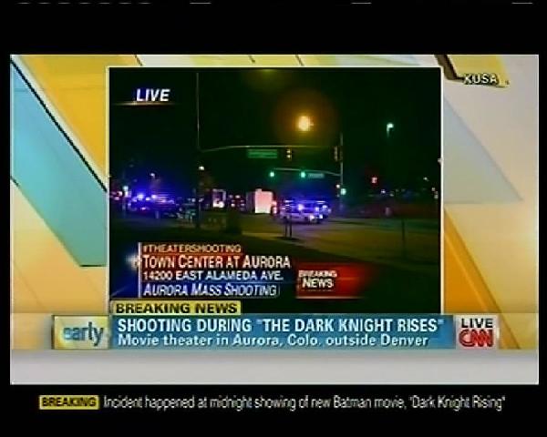 A TV grab taken from CNN shows the breaking news of the shooting happened in Denver, the United States, July 20, 2012. A gunman killed at least 14 people and injured 50 others early Friday at a cinema in Denver showing new Batman movie 'The Dark Knight Rises,' local KUSA-TV reported. [Xinhua]