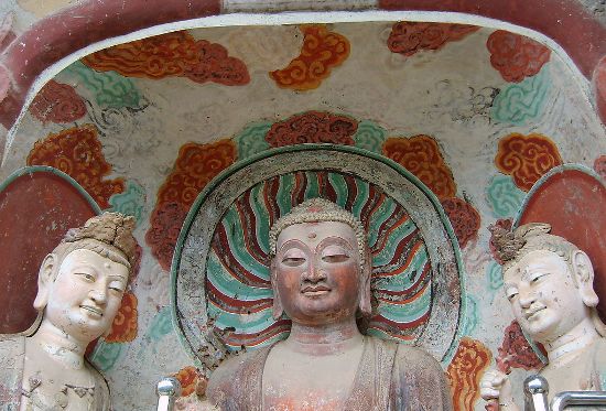 The Maiji Mountain Grottoes are found on the precipices of Maiji Mountain 30 kilometers south of Tianshui County, Gansu Province. 