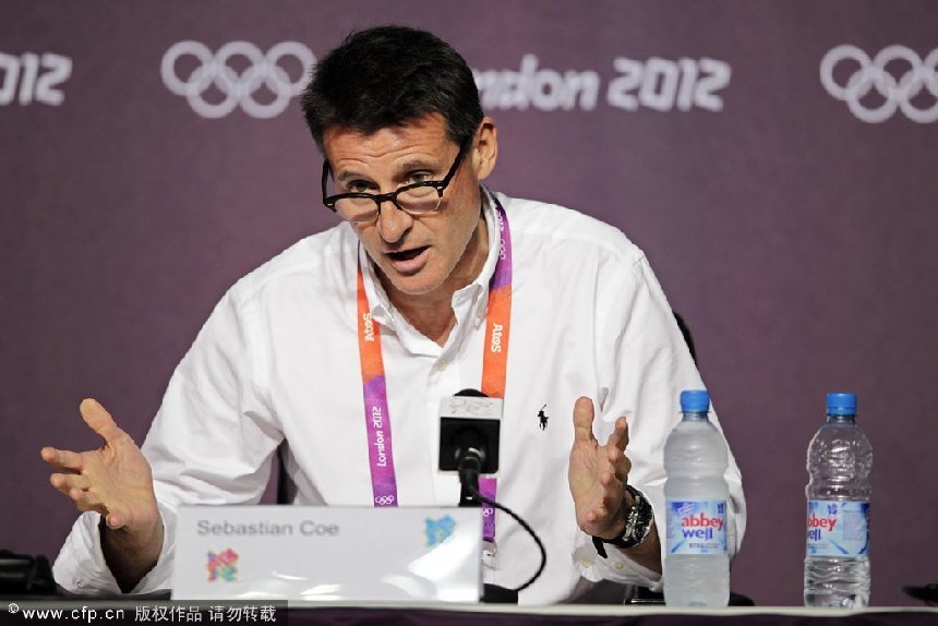 Sebastian Coe, chairman of the London Organising Committee for the Olympic Games, during a press conference at the Main Press Centre of the London 2012 Olympic Games, London, Britain, 27 July 2012. [CFP]