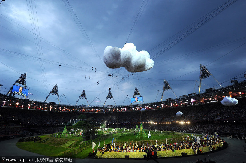 A general view of the the set depicting the English countryside during the Opening Ceremony of the London 2012 Olympic Games at the Olympic Stadium on July 27, 2012 in London, England. 