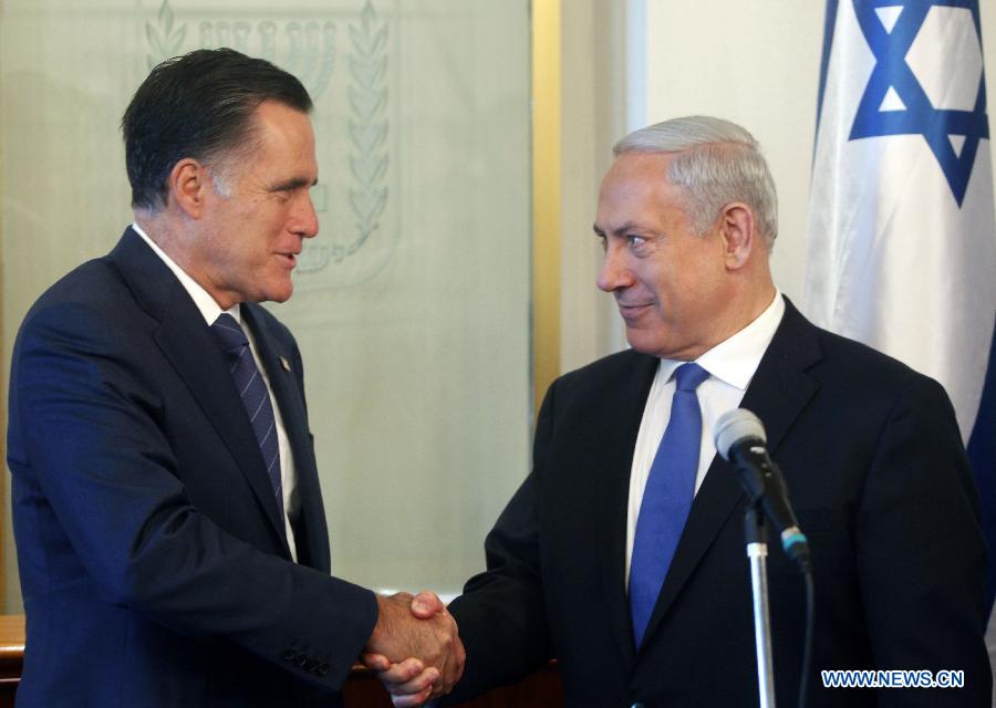 Israeli Prime Minister Benjiamin Netanyahu (R) holds talks with visiting U.S. Republican presidential candidate Mitt Romney in Jerusalem, on July 29, 2012.