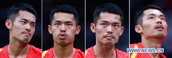The combo shows China's badminton player Lin Dan acts during his match against Scott Evans of Ireland during the men's singles badminton match at London 2012 Olympic Games, London, Britain, July 30, 2012. Lin Dan won the match 21-8, 21-14 and advanced to the next round. [Xinhua]
