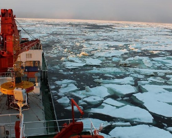 China's icebreaker Xuelong, or 'Snow Dragon', runs forward through floating ice after crossing the Arctic Circle, July 20, 2012.