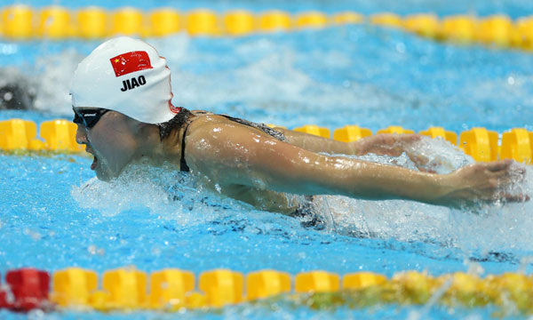 Jiao Liuyang performs in women's 200m butterfly at London Olylmpics on August 1, 2012. [Xinhua]