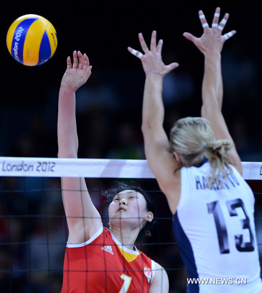 Wang Yimei of China smashes during women's volleyball preliminary round match between China and the U.S. at the London 2012 Olympic Games in London, Britain, Aug. 1, 2012. U.S. defeated China 3-0. [Xinhua]