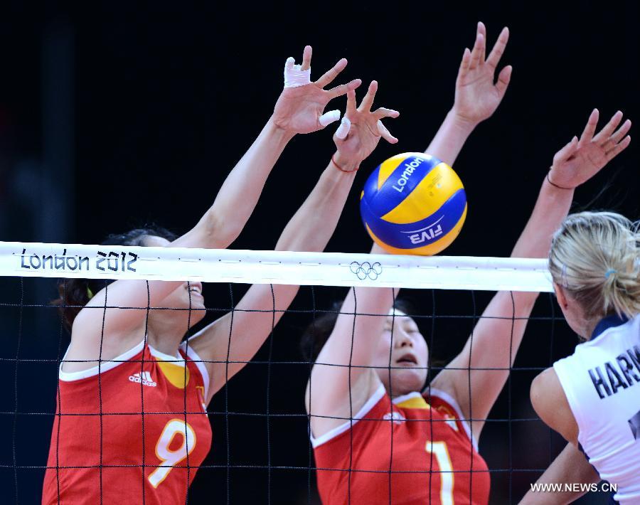 Yang Junjing (1st L) and Wang Yimei of China defends during women's volleyball preliminary round match between China and the U.S. at the London 2012 Olympic Games in London, Britain, Aug. 1, 2012. U.S. defeated China 3-0. [Xinhua]