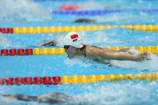 Jiao Liuyang of China competes in women's 200m butterfly final of swimming at London 2012 Olympic Games in London, Britain, August 1, 2012. Jiao Liuyang of China claimed the title in this event with 2:04.06. [Xinhua]