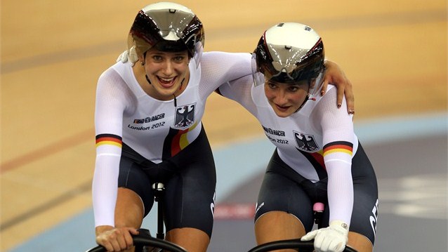 Kristina Vogel (left) and Miriam Welte congratulate each other after the women's Sprint Track Cycling final on Day 6 of the London 2012 Olympic Games.  