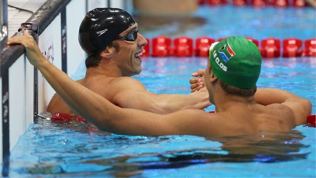 Michael Phelps celebrates winning the men's 100m Butterfly final on Day 7 of London 2012.