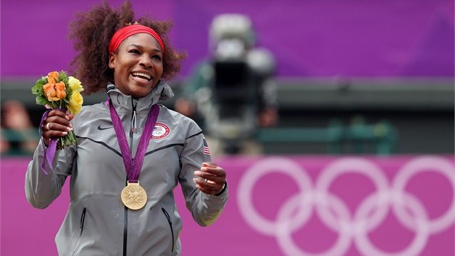 Gold medalist Serena Williams of the United States poses on the podium during the medal ceremony for the gold medal match of the Women's Singles Tennis on Day 8.  