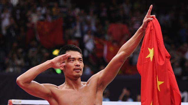 Lin Dan of China celebrates winning his men's Singles Badminton gold medal match against Lee Chong Wei of Malaysia on Day 9.  