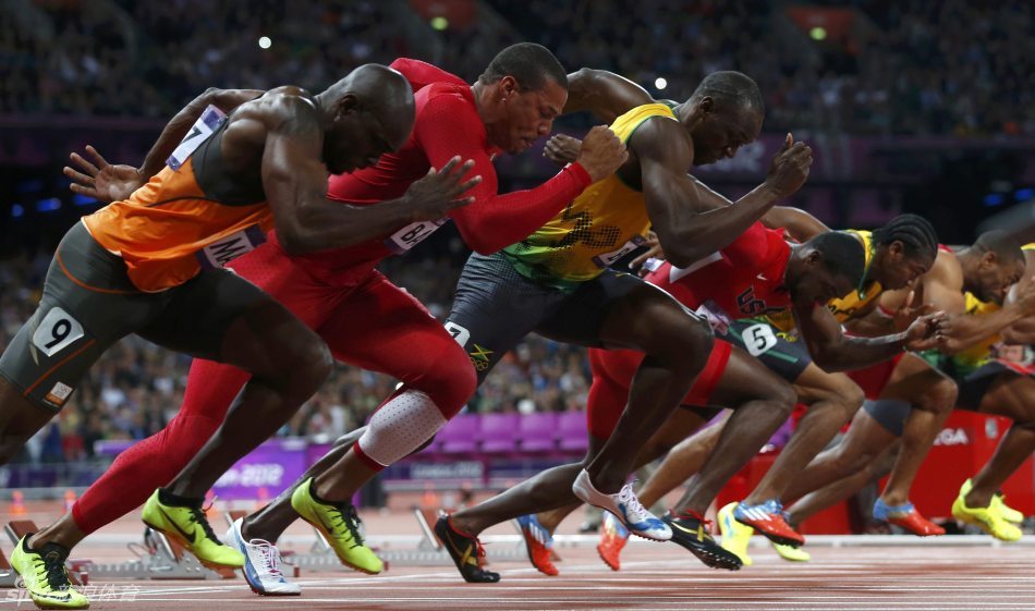  The sprinter's fly out of their starting blocks - but Bolt did not make a quick getaway.