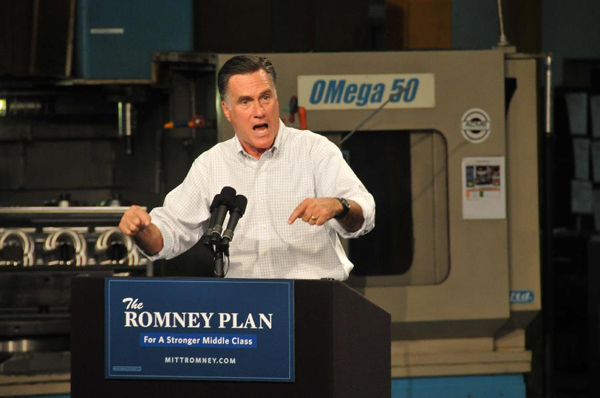 Republican presidential candidate and former Massachusetts Gov. Mitt Romney speaks to supporters in a factory at the Elk Grove Village, western suburb of Chicago, Illinois, Aug. 7, 2012. [Zhang Baoping/Xinhua]