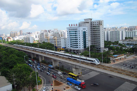 A bullet train runs on the Donghuan high-speed railway, which links Haikou, capital of the island province of Hainan, and Sanya, a tropical resort in the province. The rail line has been exposed as having some problems with the quality of its infrastructure. [China Daily]