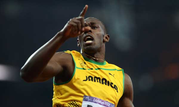 Bolt celebrates winning the men's 200 meters on August 9. [Li Ga/Xinhua]
