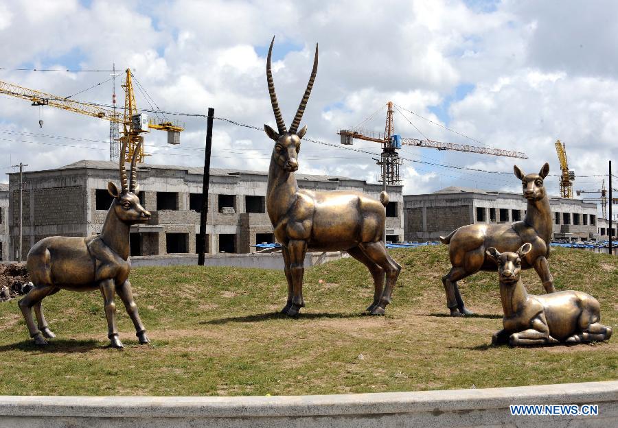 Photo taken on Aug. 7, 2012 shows the Tibetan antilope statues on a street in Nagqu Prefecture, southwest China's Tibet Autonomous Region. 