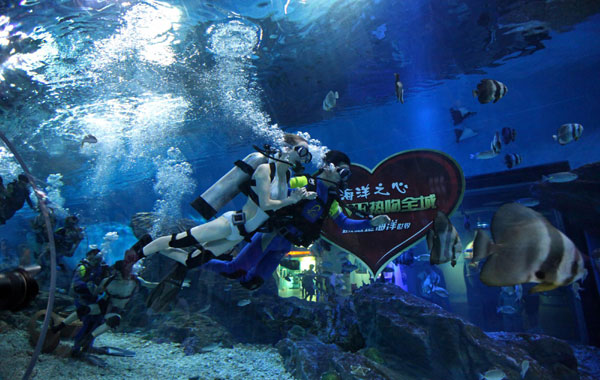 Couples dive into the water during a romantic activity to celebrate Qixi, a traditional day of romance in China, in Wuhan, capital of Hubei province, on Aug 22, 2012. [Photo/Xinhua]