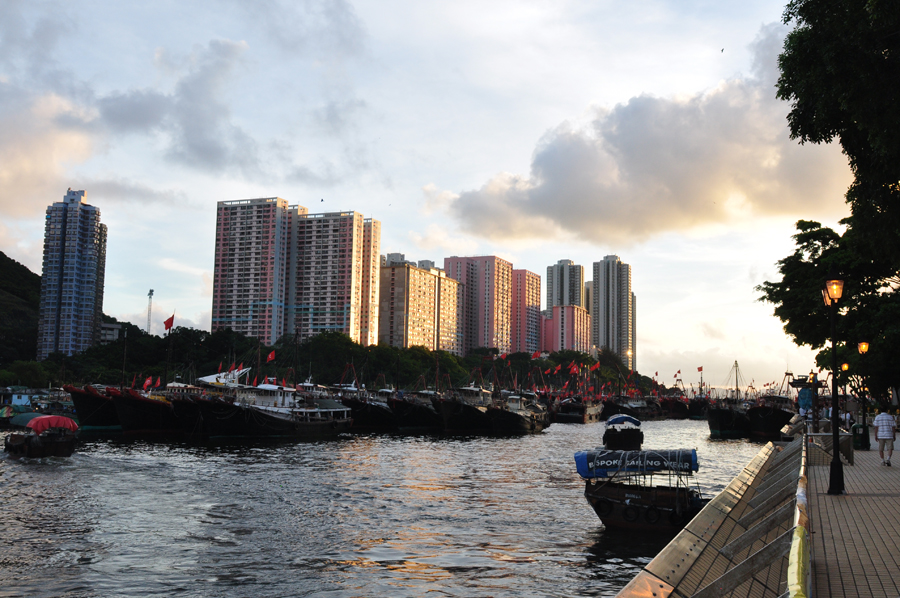 Aberdeen harbor is located on one of the southern tips of Hong Kong Island. It provides shelter for fishing boasts during storms.