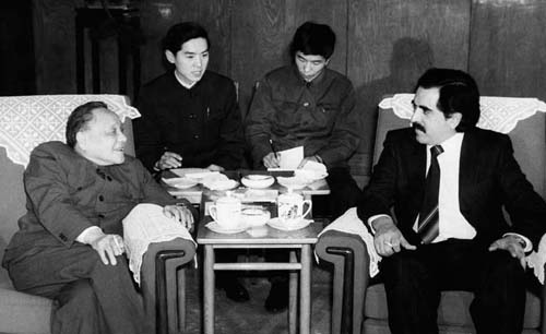 Former Chairman of the Central Advisory Commission of the Communist Party Deng Xiaoping meeting with the visiting General Secretary of the Unity Socialist Party of Mexico Pablo Gomes on January 11th, 1983. [File Photo]