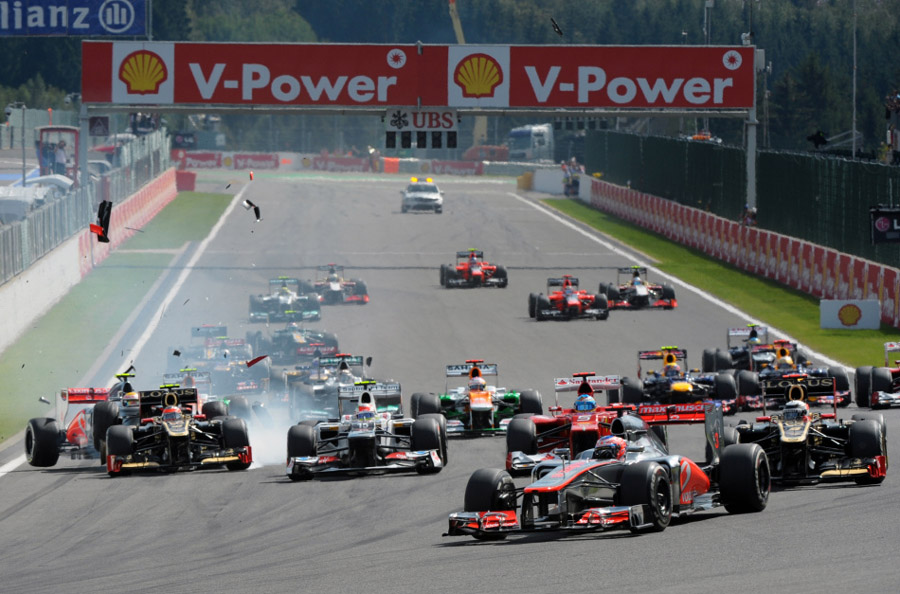 Lewis Hamilton of Mclaren and Fernando Alonso of Ferrari involved in the first corner crash during the start of the 2012 Belgium Formula One Grand Prix at the Spa-Francorchamps race track near Francorchamps, Belgium, Sept.2, 2012.