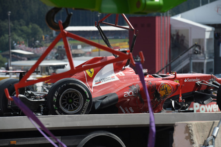 Lewis Hamilton of Mclaren and Fernando Alonso of Ferrari involved in the first corner crash during the start of the 2012 Belgium Formula One Grand Prix at the Spa-Francorchamps race track near Francorchamps, Belgium, Sept.2, 2012.