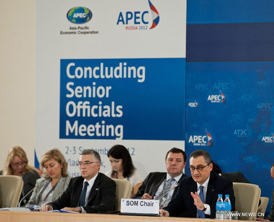 Russian Deputy Foreign Minister Igor Morgulov (1st R) presides over the APEC senior officials meeting in Vladivostok, Russia, on Sept. 2, 2012. The 2012 Asia-Pacific Economic Cooperation forum (APEC) opened on Sunday with its usual senior officials' meeting aimed at identifying issues for further discussion.