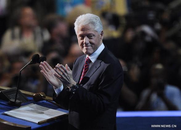 Former U.S. President Bill Clinton delivers a speech during the Democratic National Convention in Charlotte Sept. 5, 2012. U.S. Democrats nominated President Barack Obama to lead the party's presidential ticket during a roll call vote running through late Wednesday night to early Thursday, following former U.S. President Bill Clinton's nominating address. [Zhang Jun/Xinhua] 