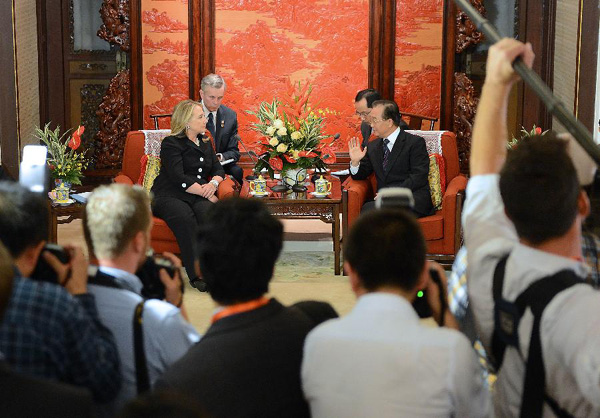 Chinese Premier Wen Jiabao meets with U.S. Secretary of State Hillary Clinton in Beijing on Wednesday.