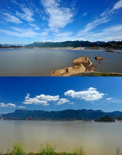 Combo photo taken on Aug 23, 2012, up, and Sept 14, 2012, bottom, show the different water level in the Three Gorges Dam, in Yichang city, Central China's Hubei province. [Photo/Xinhua]